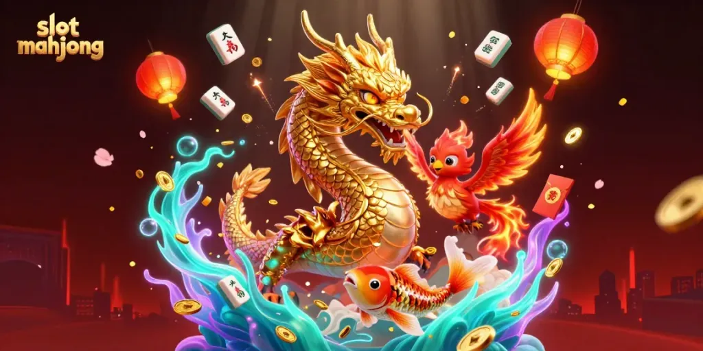 Slot mahjong yang menampilkan naga emas, phoenix merah, dan koi beruntung di tengah hiasan koin dan lampion merah keemasan.