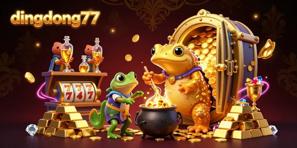 Dive into the thrilling experience of dingdong77 with vibrant gold coins and gaming elements.