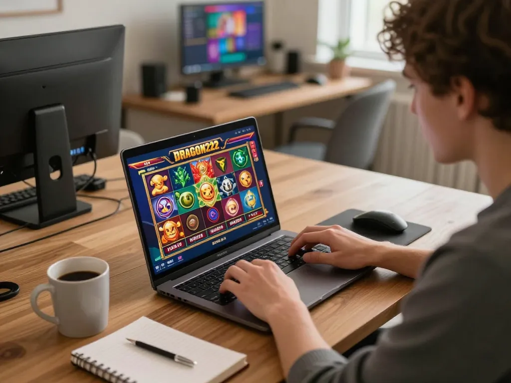 DRAGON222 player engaged in online slot gaming with vibrant graphics and strategy notes