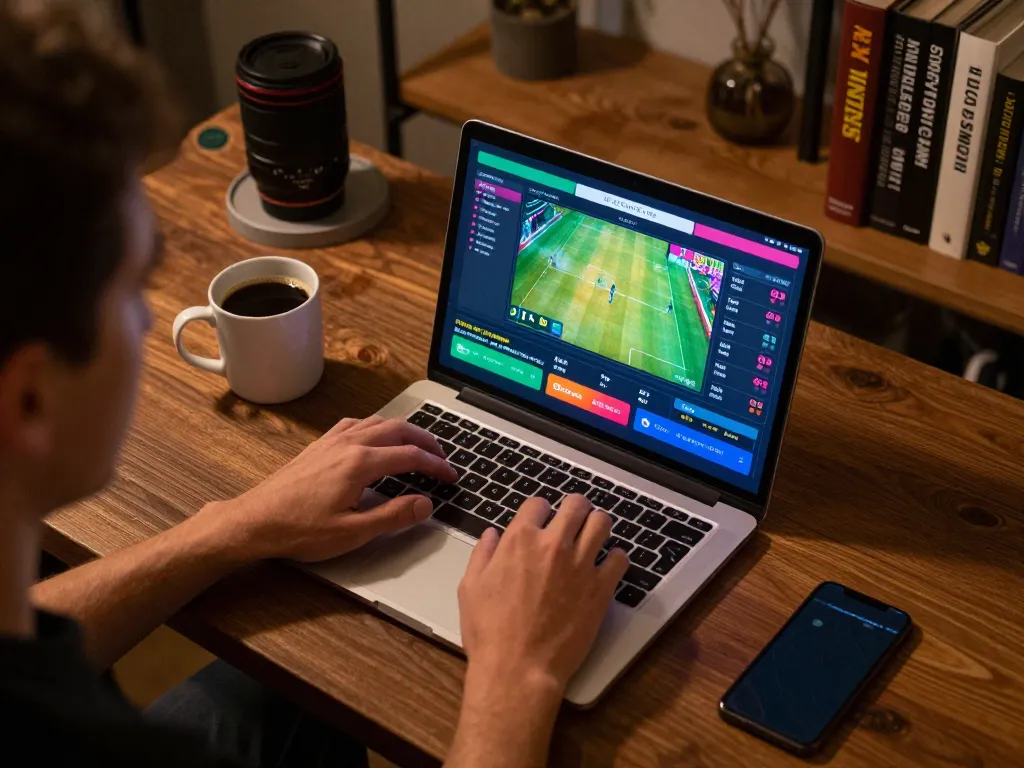 Experience sports betting excitement with SIS4D on a laptop at a cozy home setup.