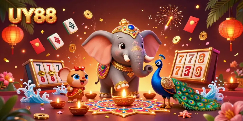 Experience the UY88 animated casino realm featuring a vibrant elephant and peacock amidst slot machines.
