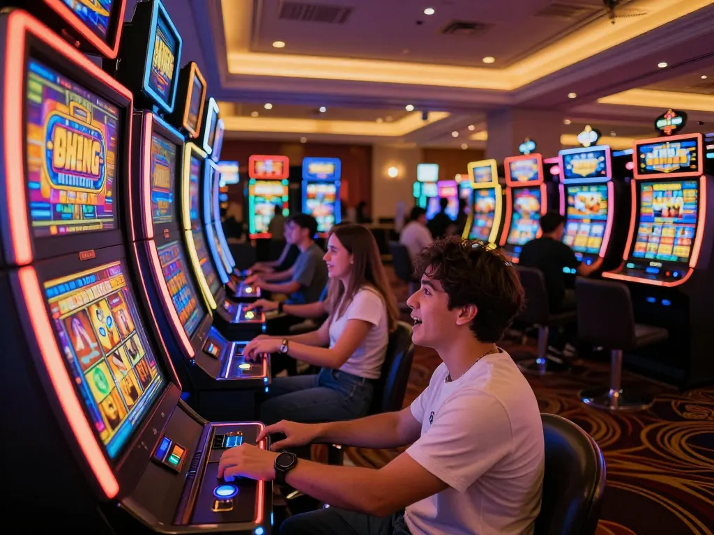 Players enjoying dynamic Slot Demo games at colorful casino machines with animated displays.